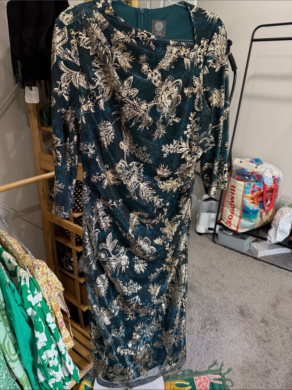 Vince Camuto Metallic Crinkle Knit Dress Teal Gold 14 - Picture 6 of 9
